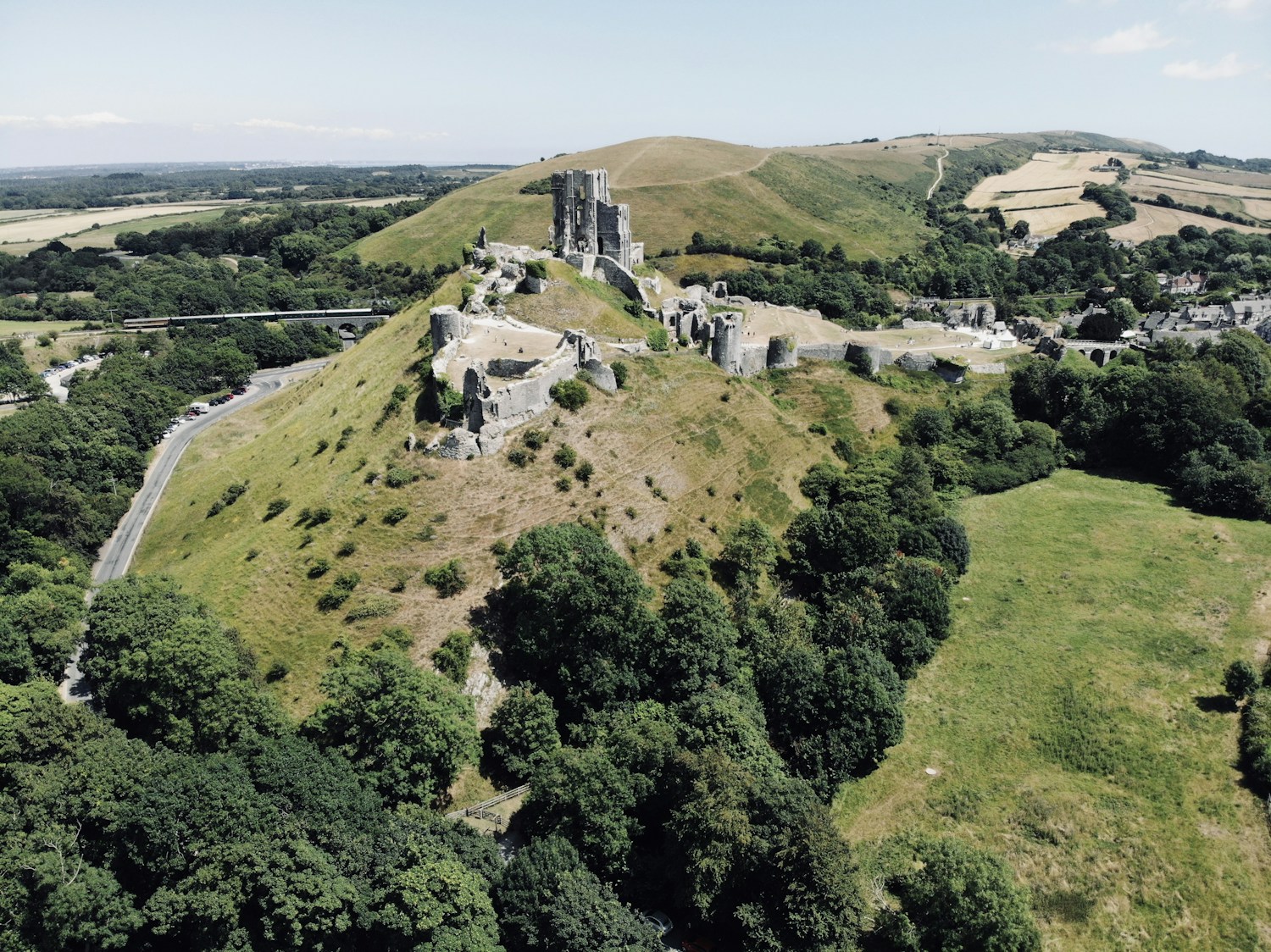 Corfe Castle above the Dorset countryside